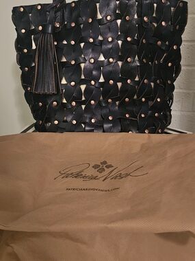 Patricia Nash Navy Blue Woven Leather Shoulder Bag with Copper Studs and Tassel